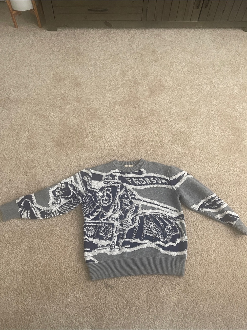 Burberry Gray Navy and White Graphic Crewneck Sweater
